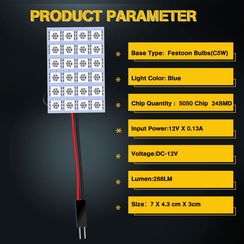 YM EBright YM E-Bright 5-Pack Blue 5050 24SMD Led Panel Dome Light Lamp Auto Car Reading Interior Lamp DC 12V With T10 / BA9S / Festoon Adapters - Image 4